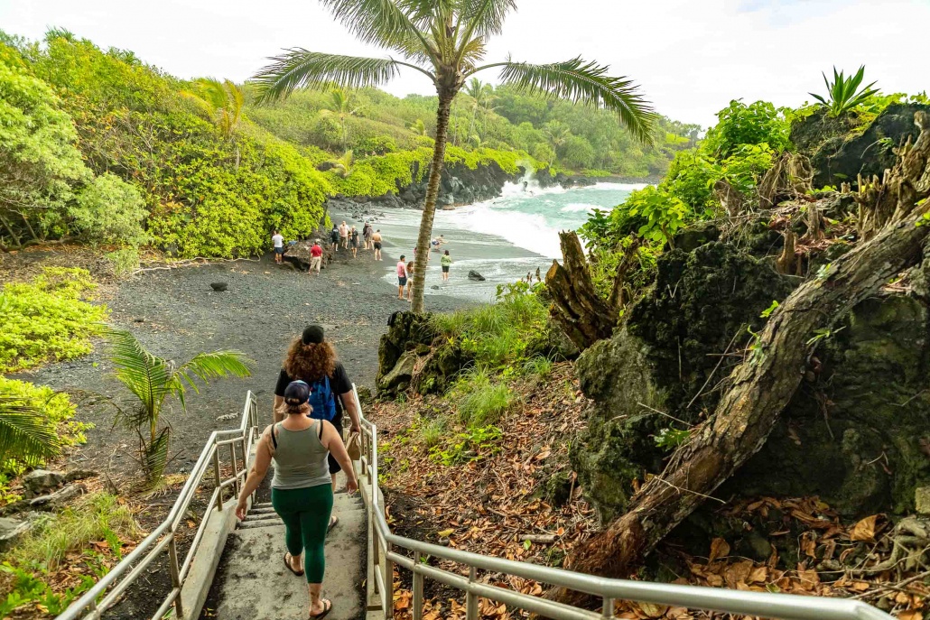 Black Sand Beach Stairs to Beach and visitors Waianapanapa Road to Hana Maui