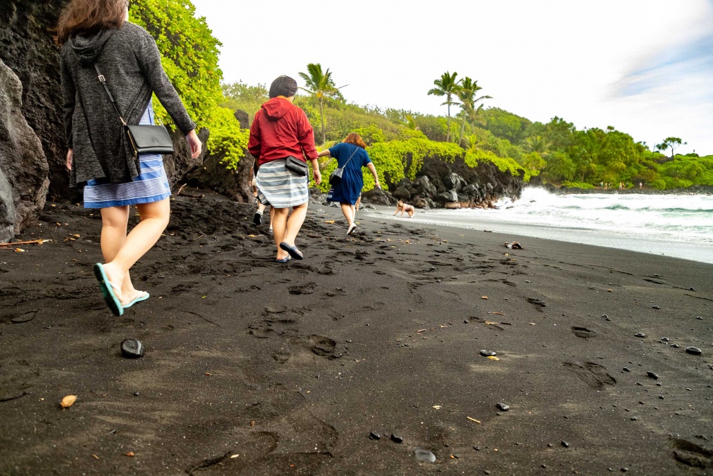 Black Sand Beach Visitors Walking Waianapanapa Road to Hana Maui