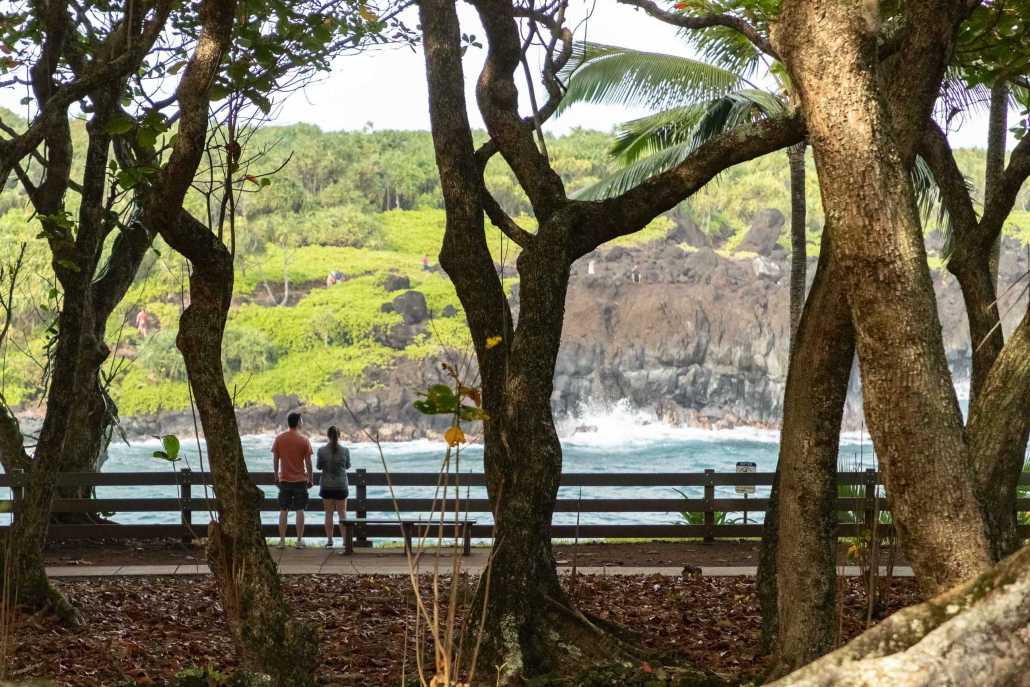 black sand beach waianapanapa trail railing and visitors road to hana maui