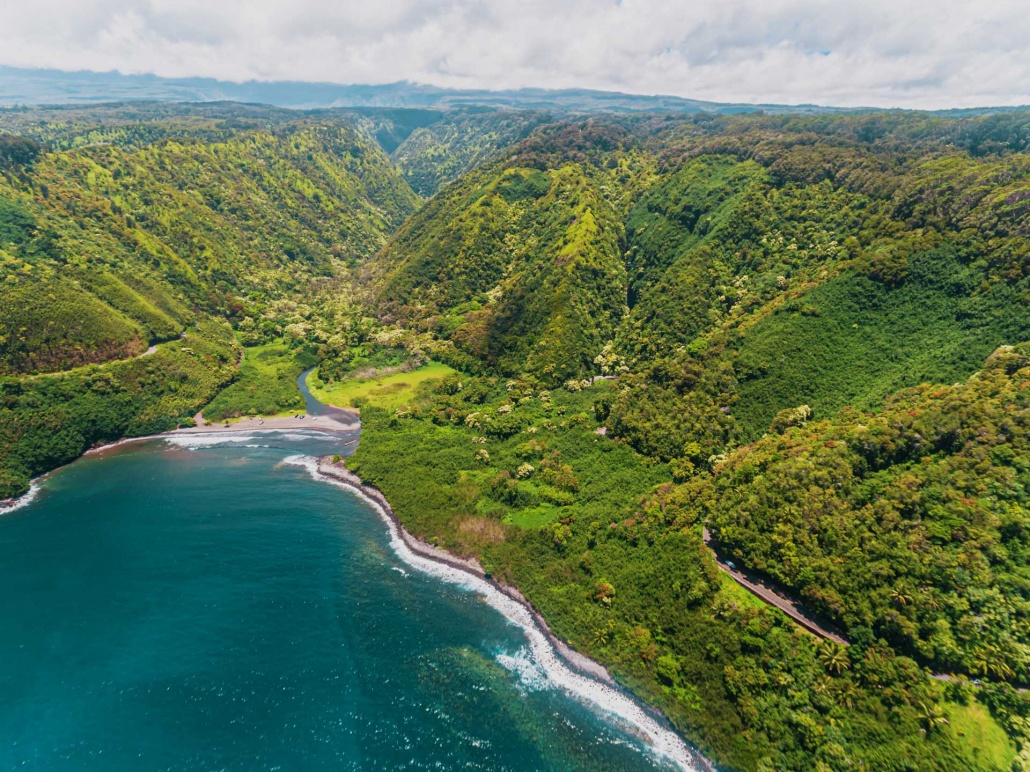 aerial view of the maui coastline road to hana hawaii