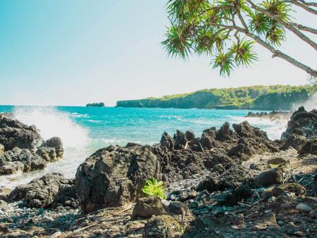 crashing waves over lava rock coast in keanae maui hawaii