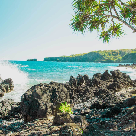 crashing waves over lava rock coast in keanae maui hawaii