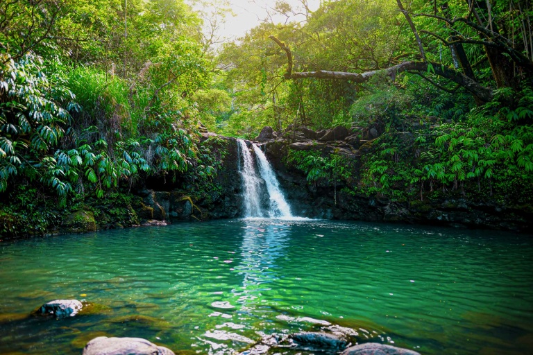 waikamoi falls and a small crystal clear pond maui hawaii