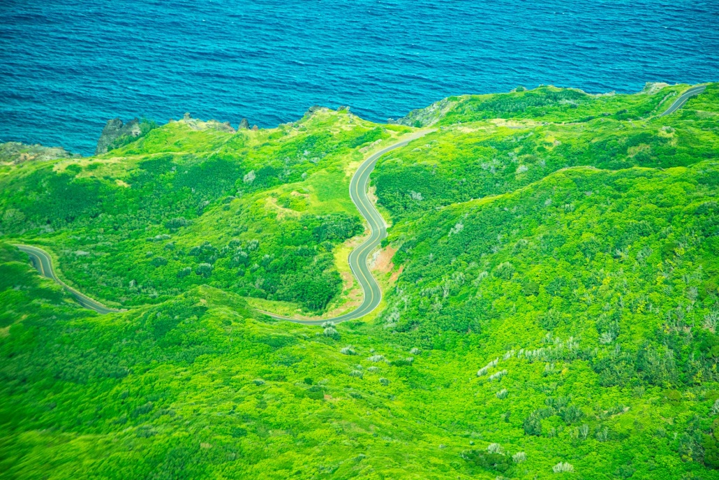 west mauis road to hana as seen from a helicopter
