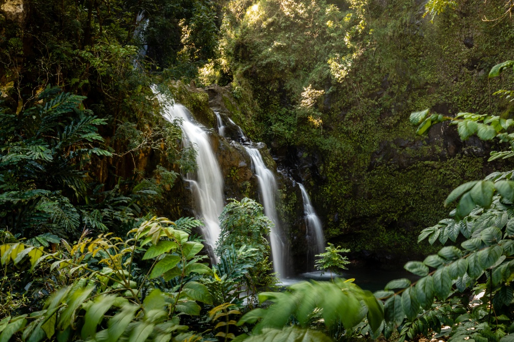 three falls of the Waikani Falls along the road to Hana Maui